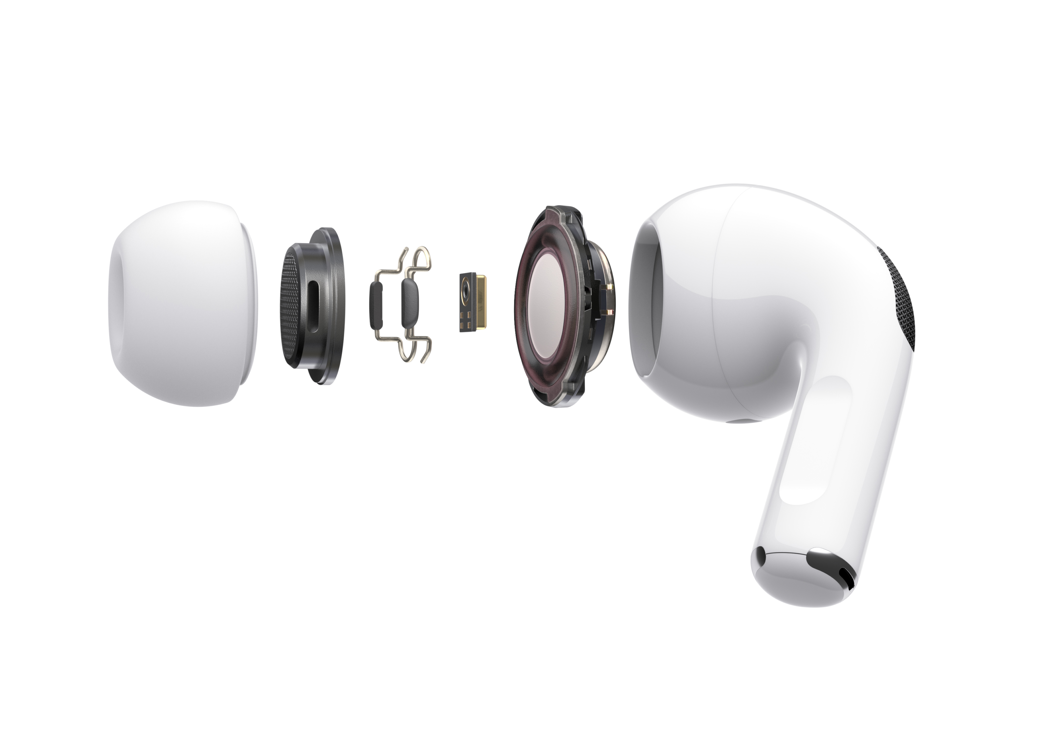 An exploded view of the AirPod Pro.