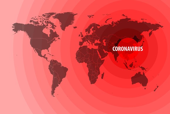 World map in red with epicenter-circles centered on China with word coronavirus