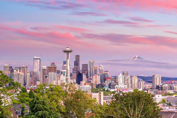 Seattle cityscape at sunset.