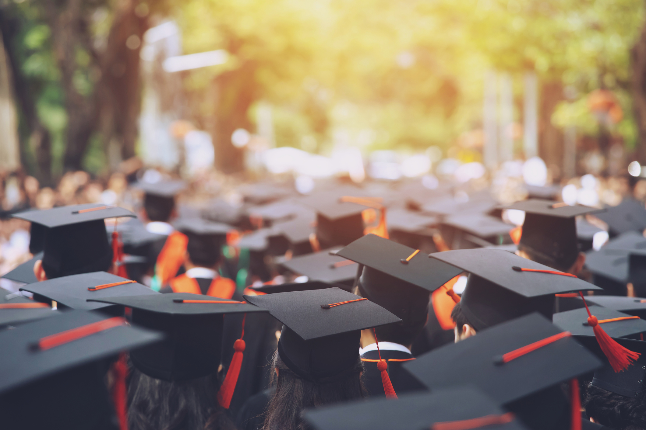 A view of the caps of college graduates at a graduation ceremony