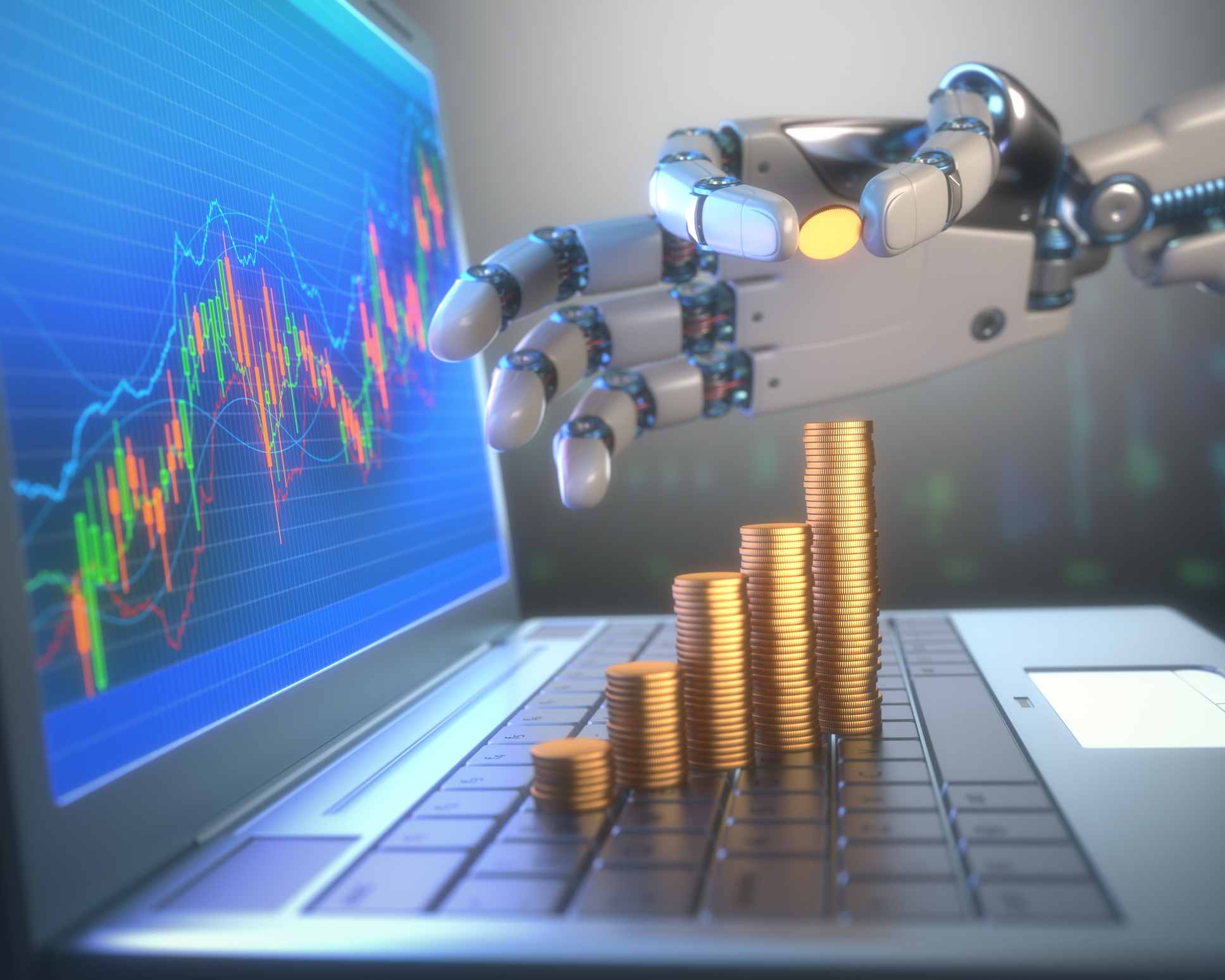 Computer rendering of a robot hand stacking coins on a laptop keyboard.