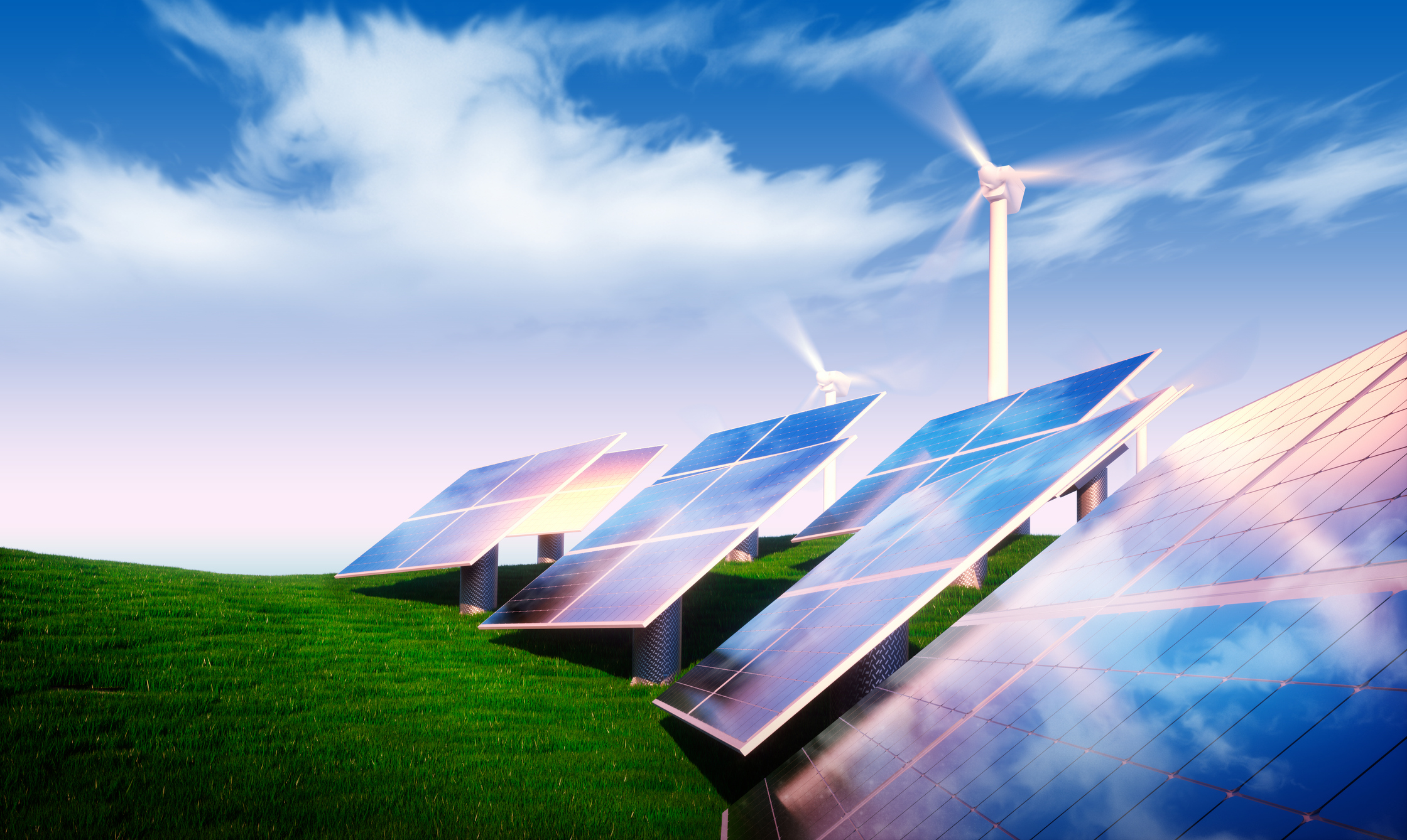 Solar panels and wind turbines produce power.