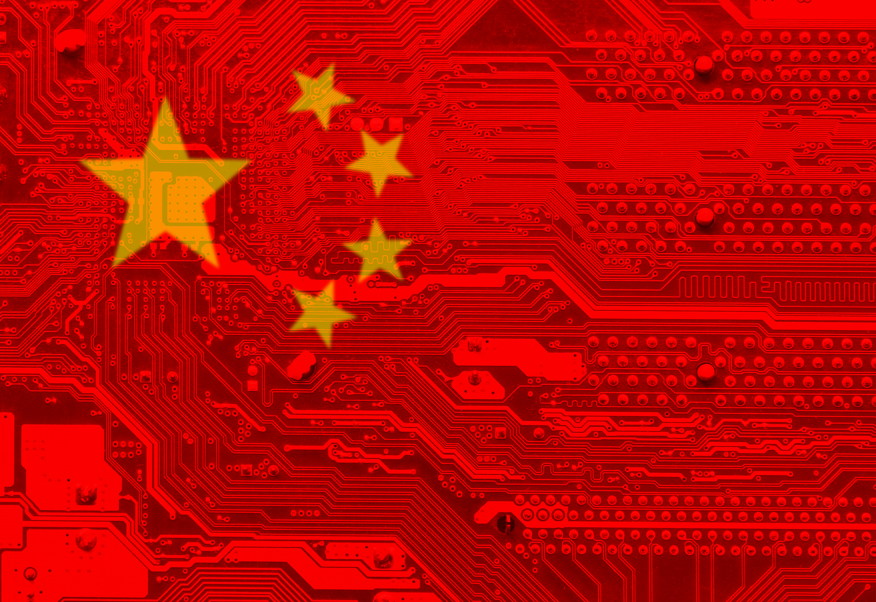 A Chinese flag on a printed circuit board.