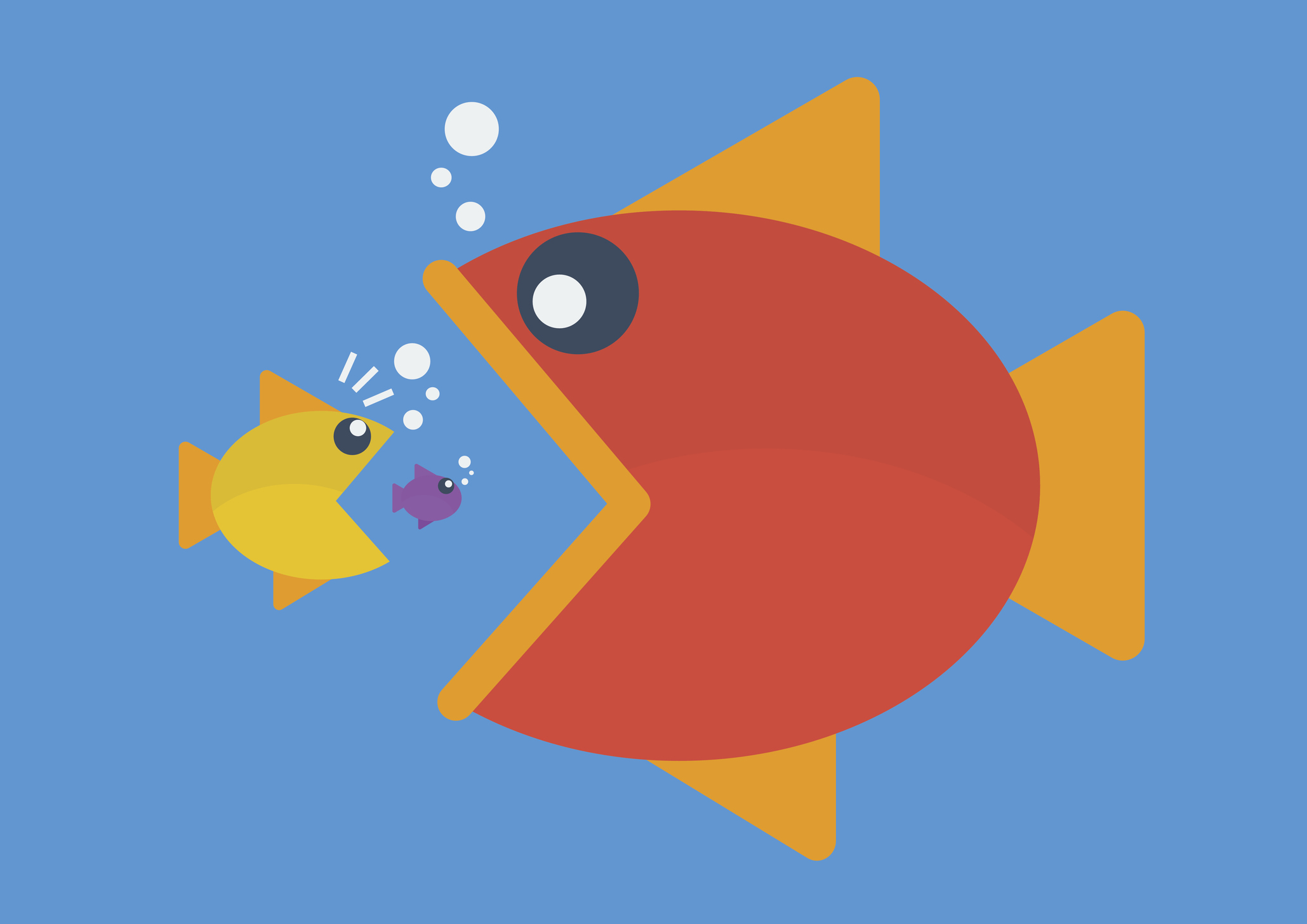 Medium fish chasing a small fish while being chased by a big fish