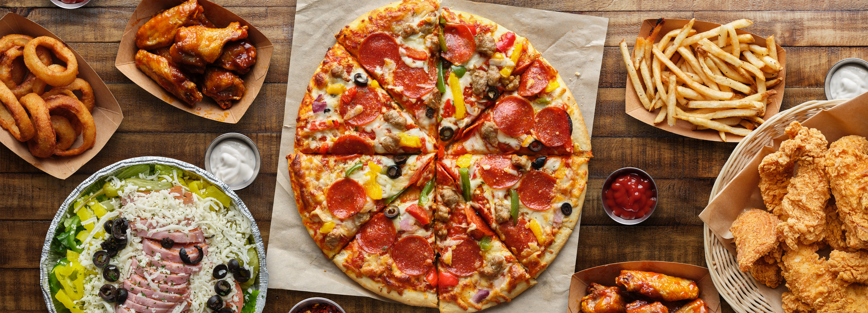 Pizza, fried chicken, and other types of fast food.