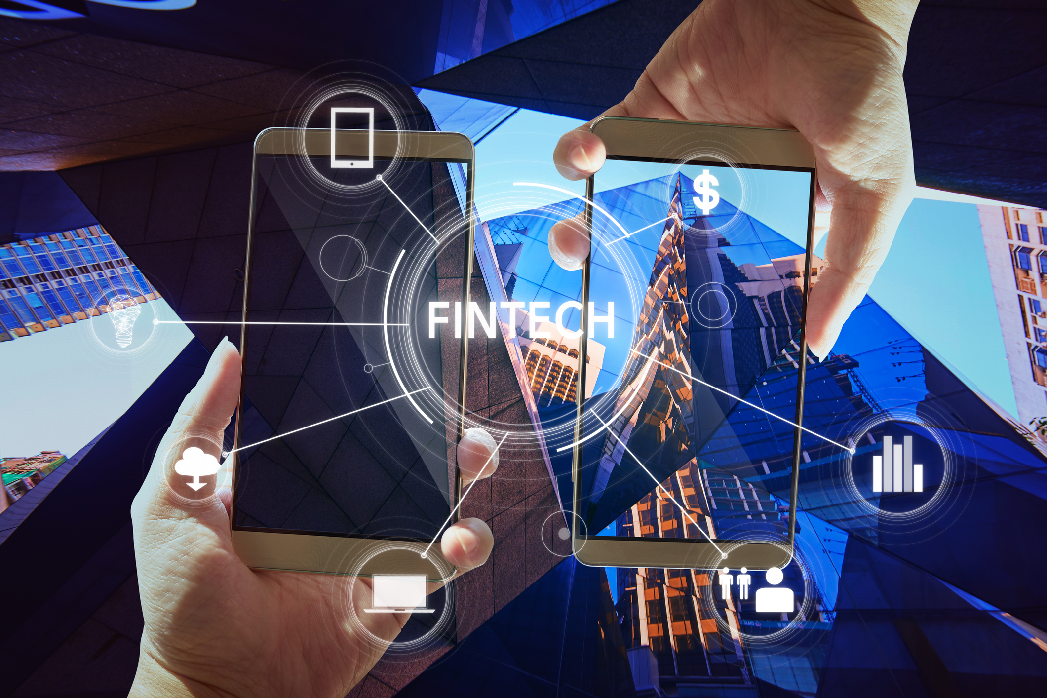 Two phones held from top and bottom  of the screen with the word fintech in animation across both phones.