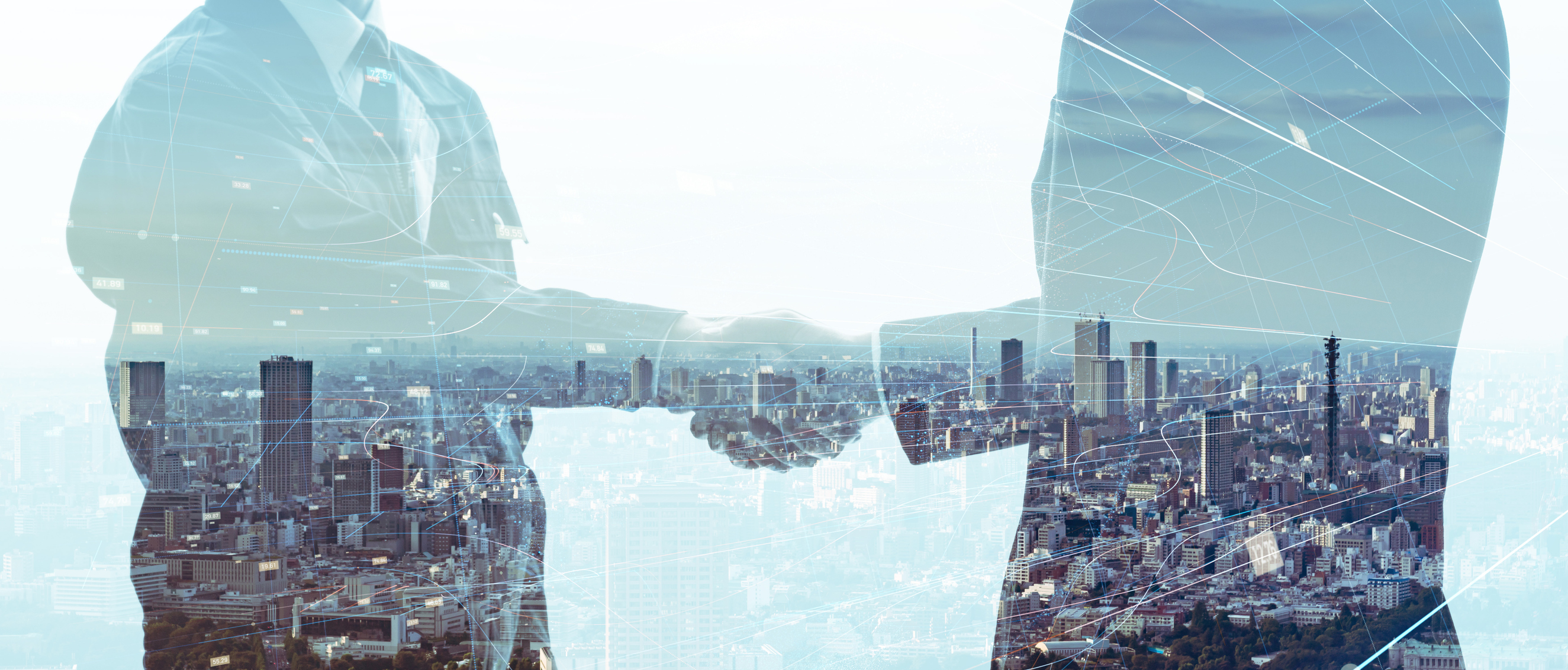 A transparent image of two people shaking hands with a cityscape in the background