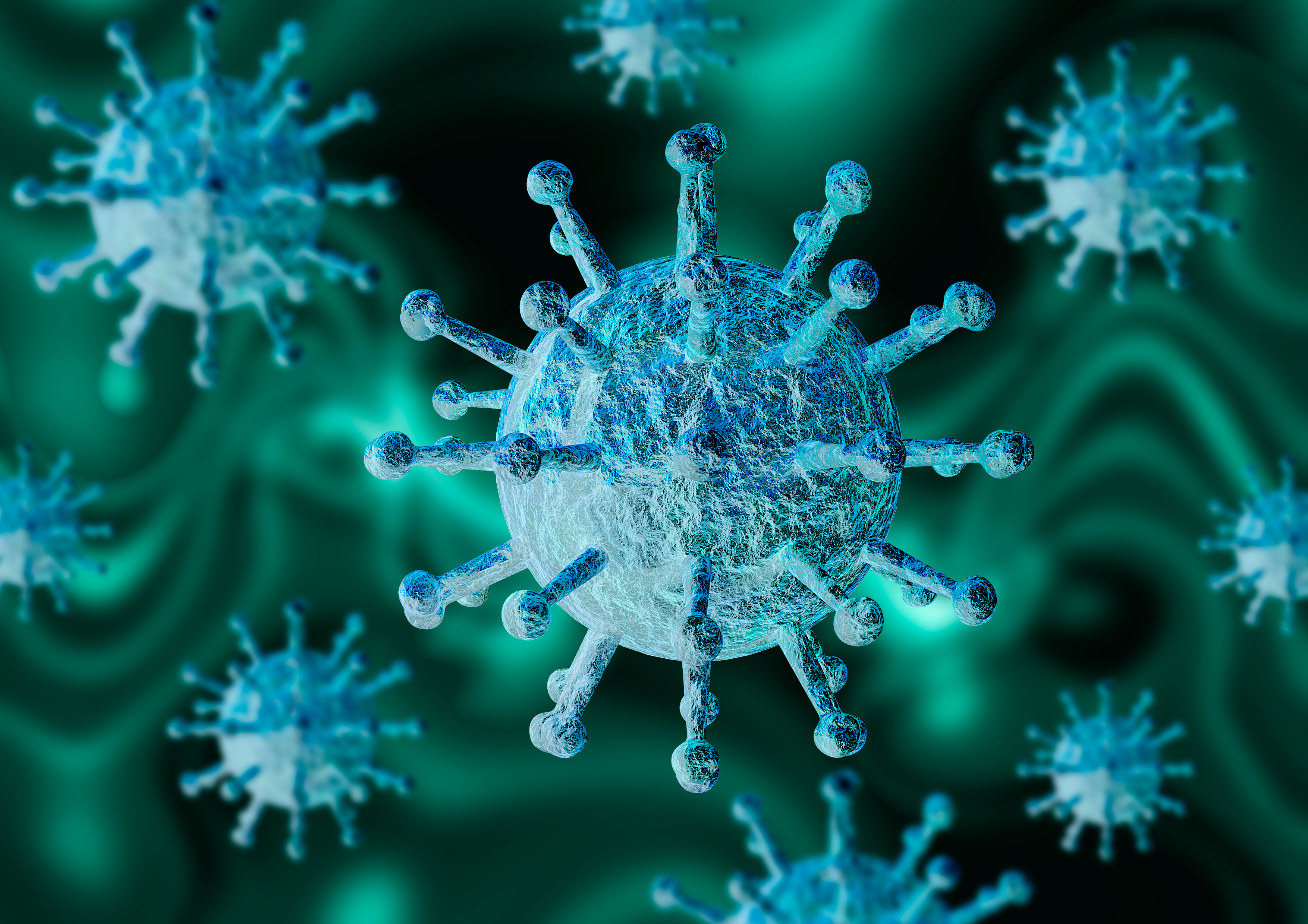 Microscopic depiction of coronavirus cells floating around.