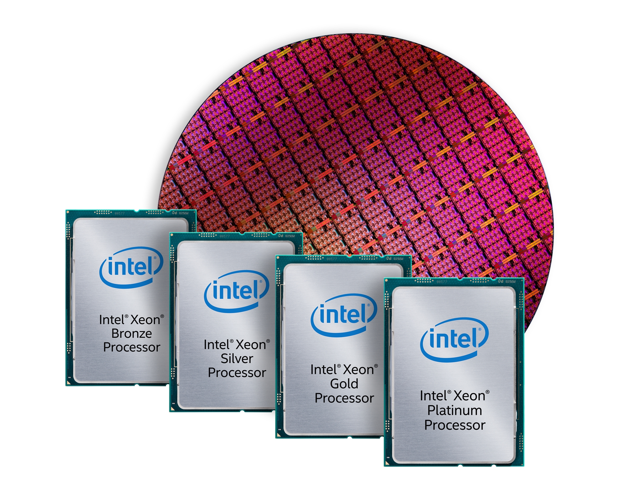 Intel Xeon chips in front of a wafer.