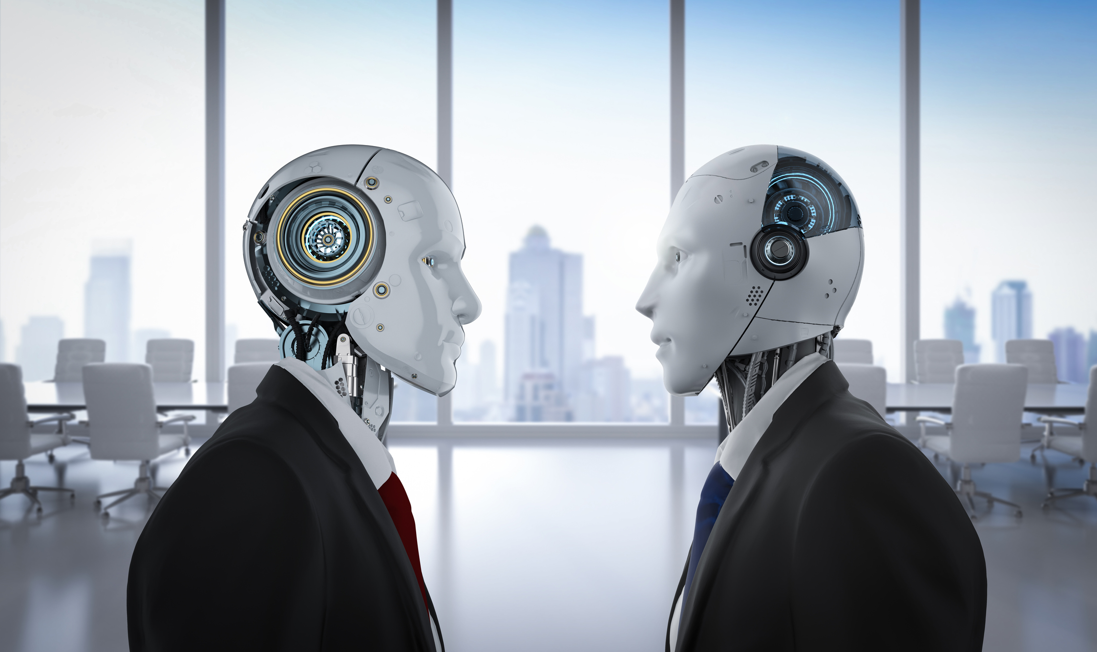 Two robots clad in suits face off in an office.