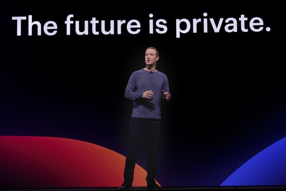 Mark Zuckerberg standing in front of a display reading "The future is private."