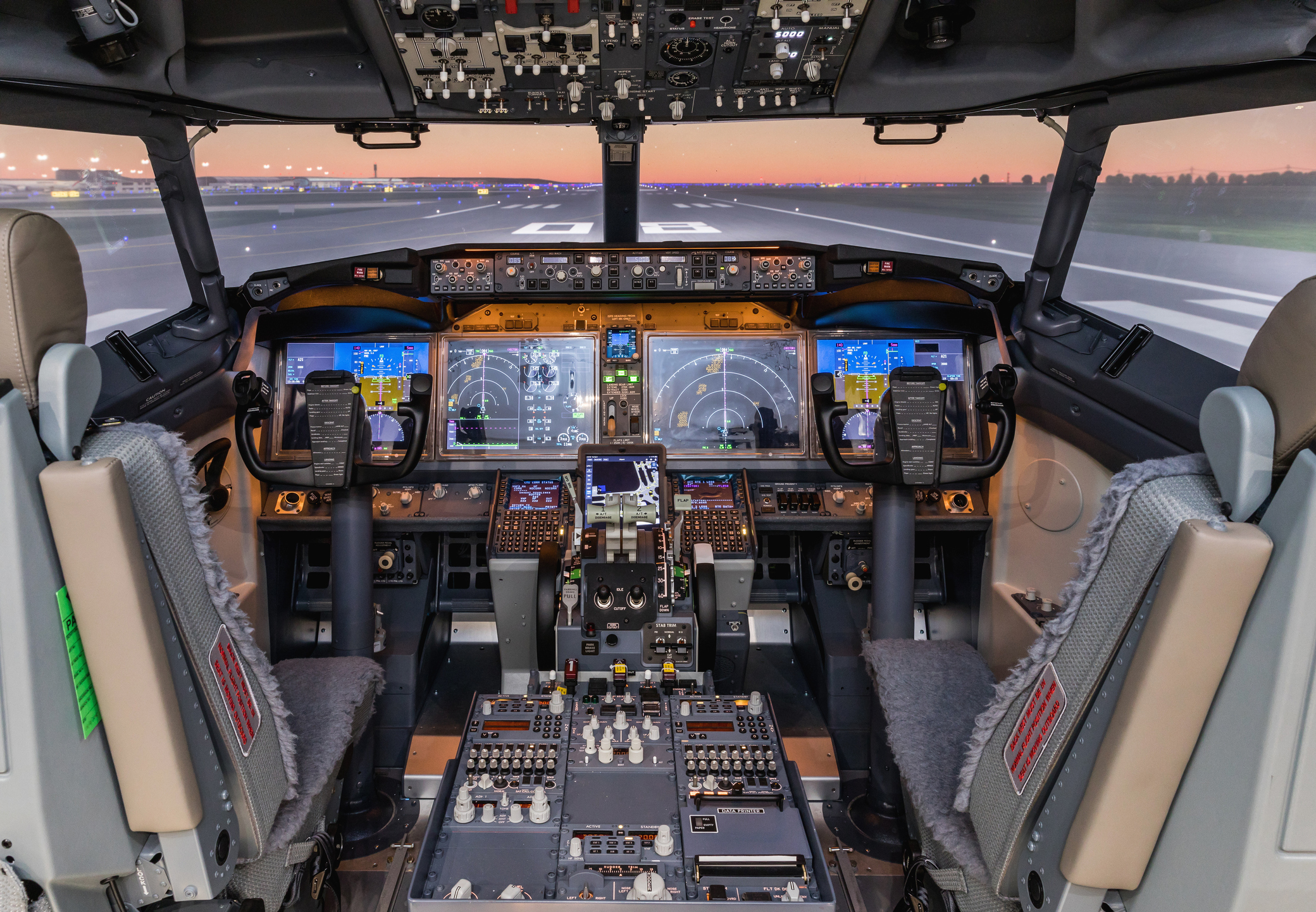 The cockpit of a jet as seen in an aircraft simulator