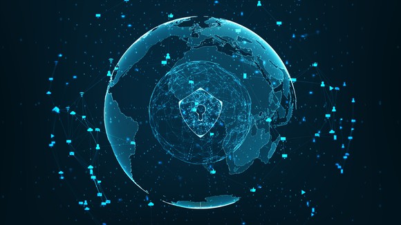 Shield icon on secure data global network technology with social network icons surrounded.