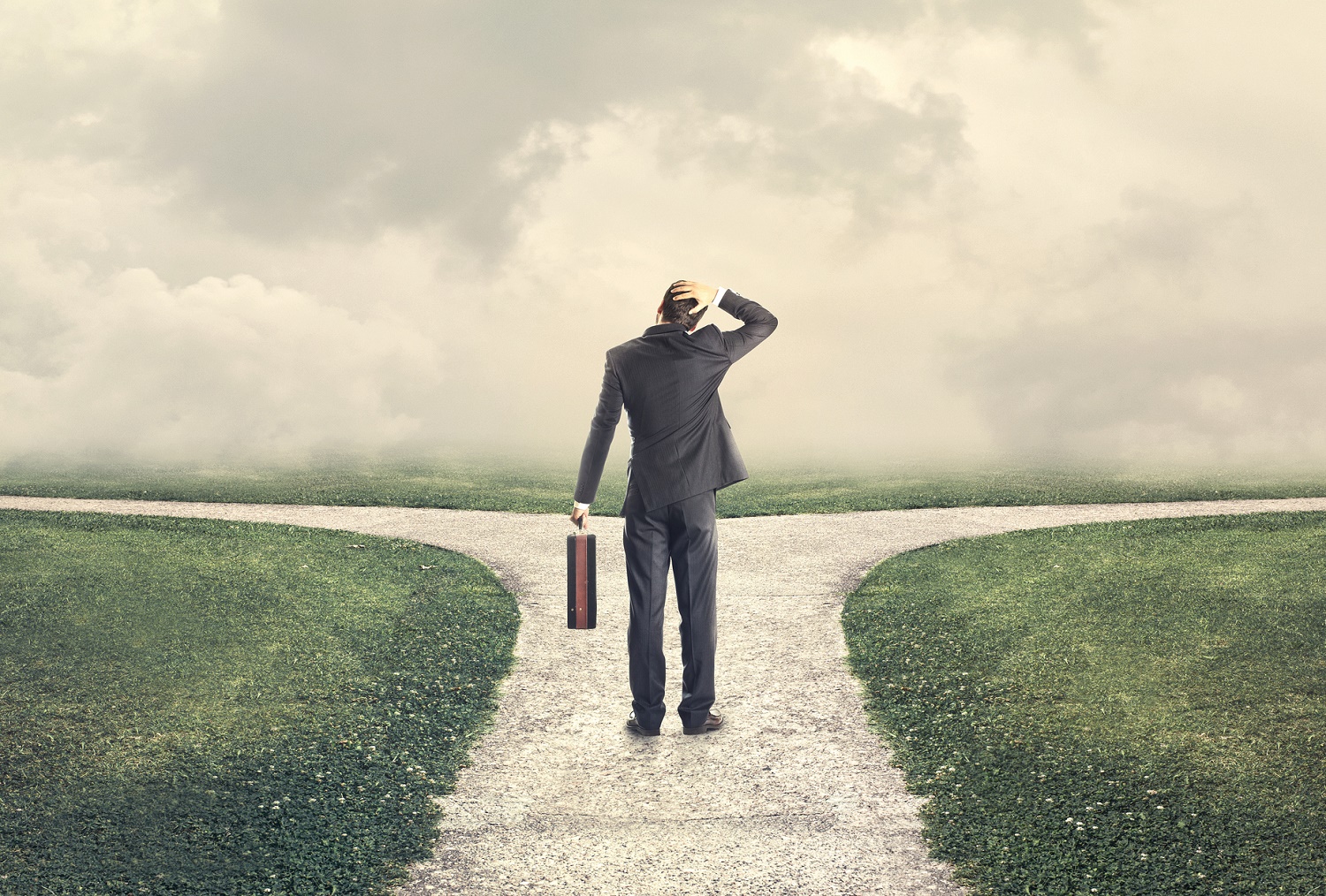 A man carrying a briefcase standing at a fork in the road