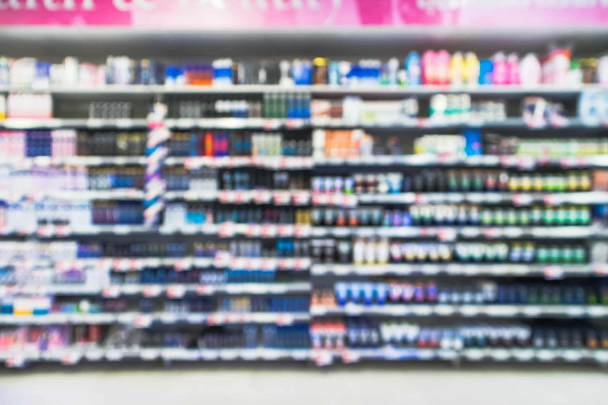 retail shelf aisle with consumer goods products