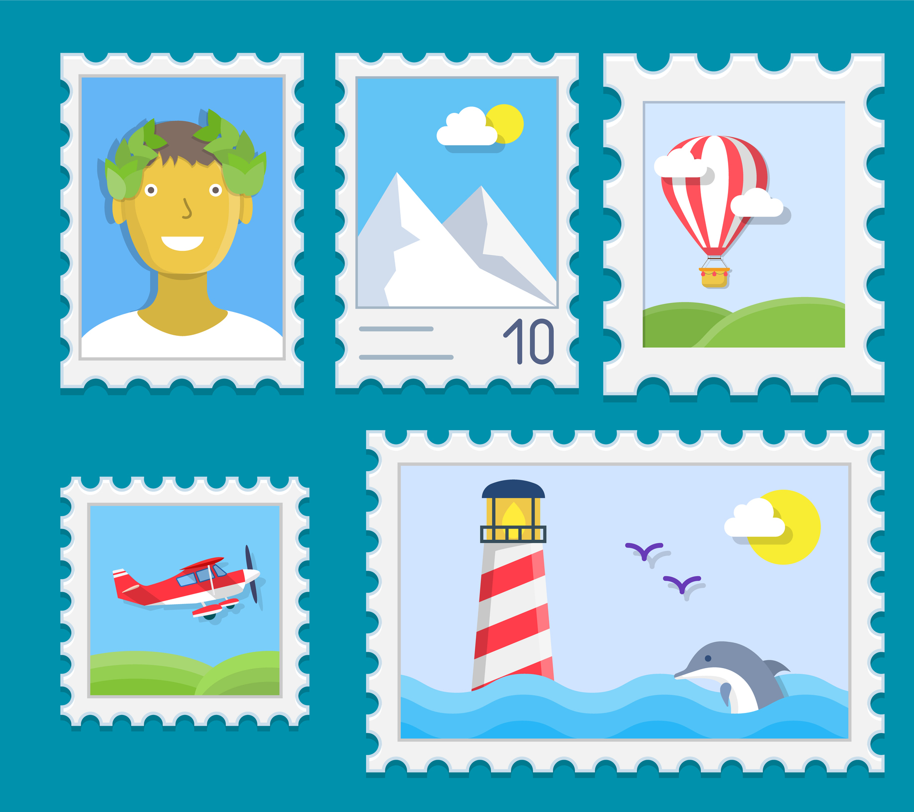 Five depictions of (not real) stamps: one with an airplane, one with a hot air balloon, one with a dolphin swimming in the ocean with a lighthouse in background, one with a mountain, and one with a man with a wreath on his head.