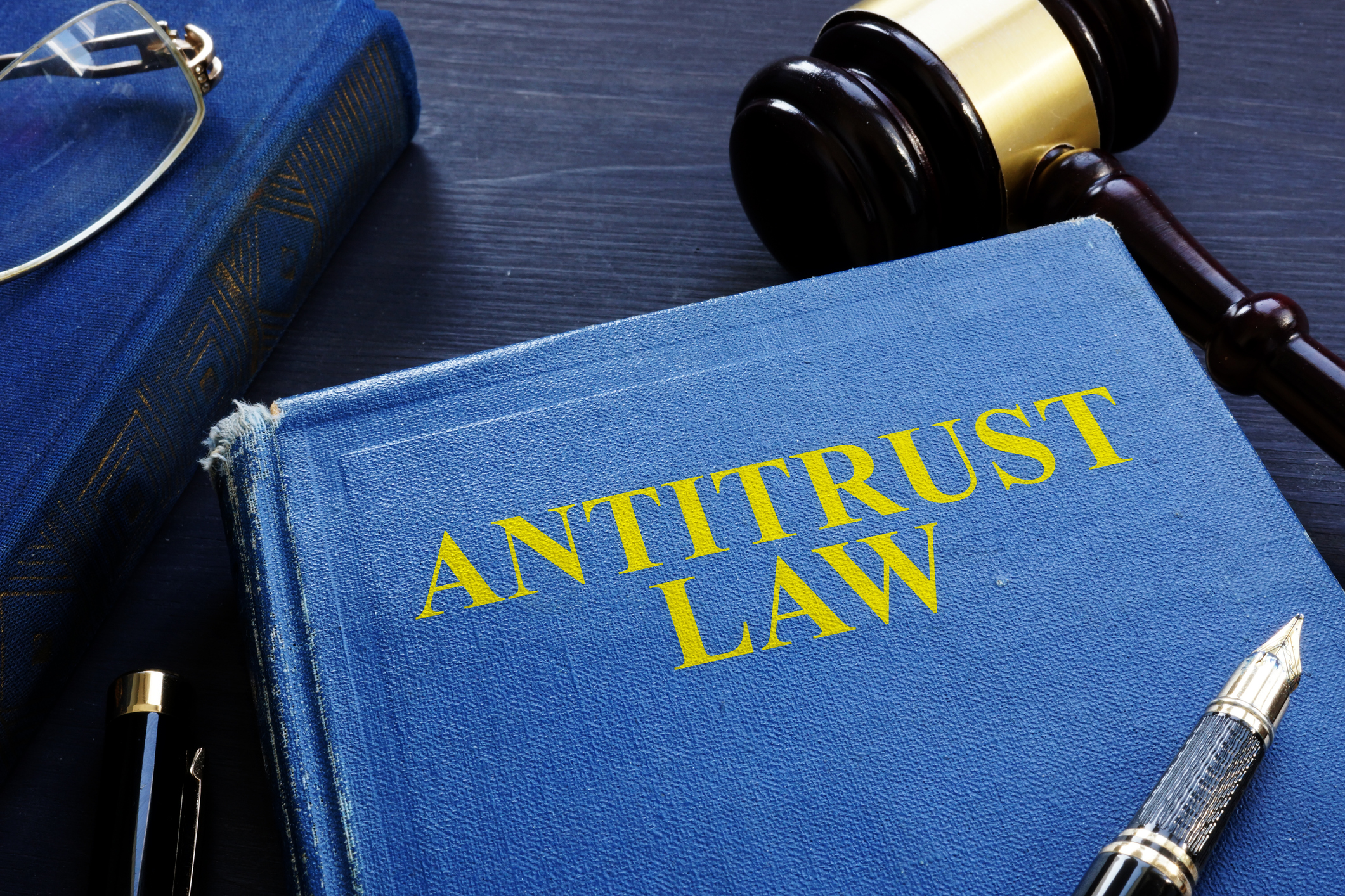 An antitrust law book on a desk with a gavel.