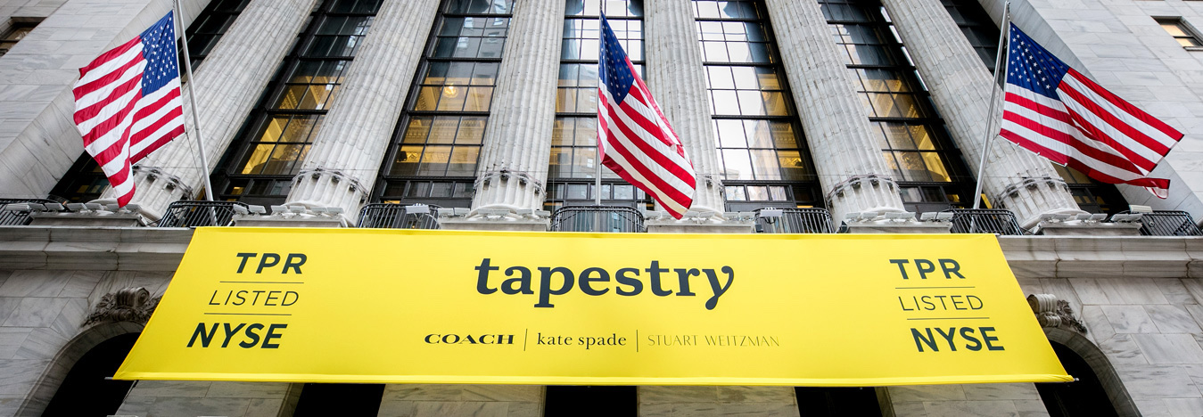 A Tapestry sign outside the New York Stock Exchange. 