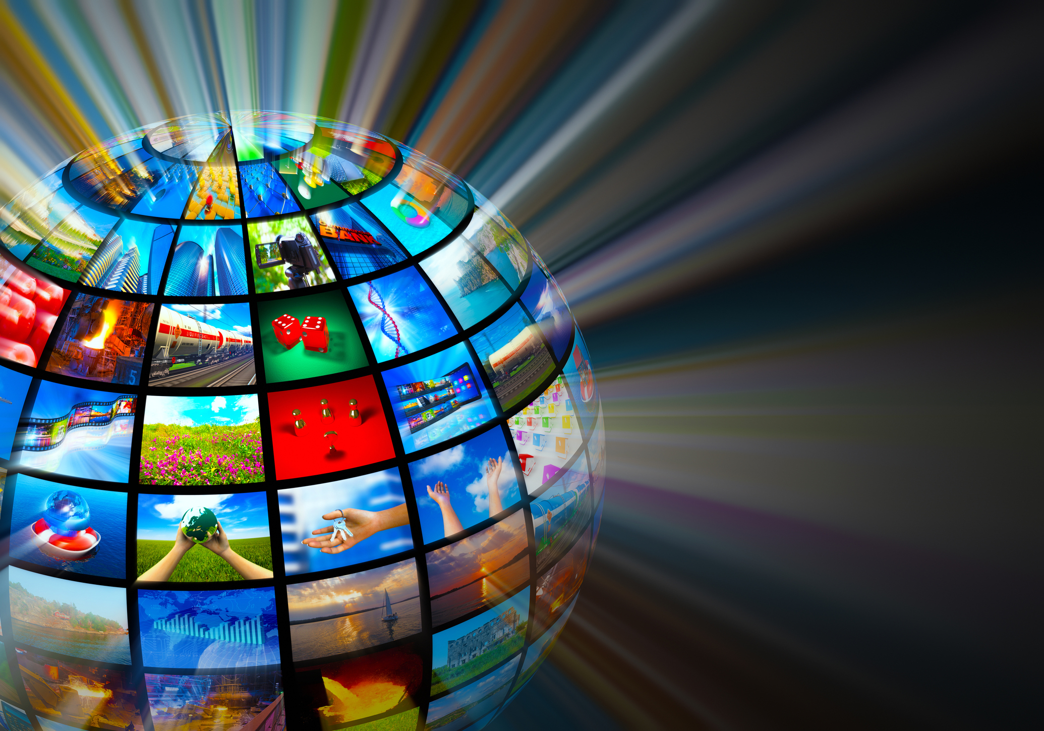Globe covered in streaming video images.