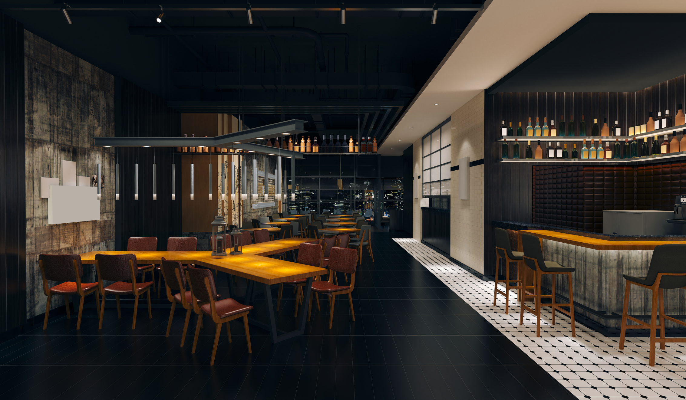 The interior of a bistro-style restaurant with zero customers and no visible staff.