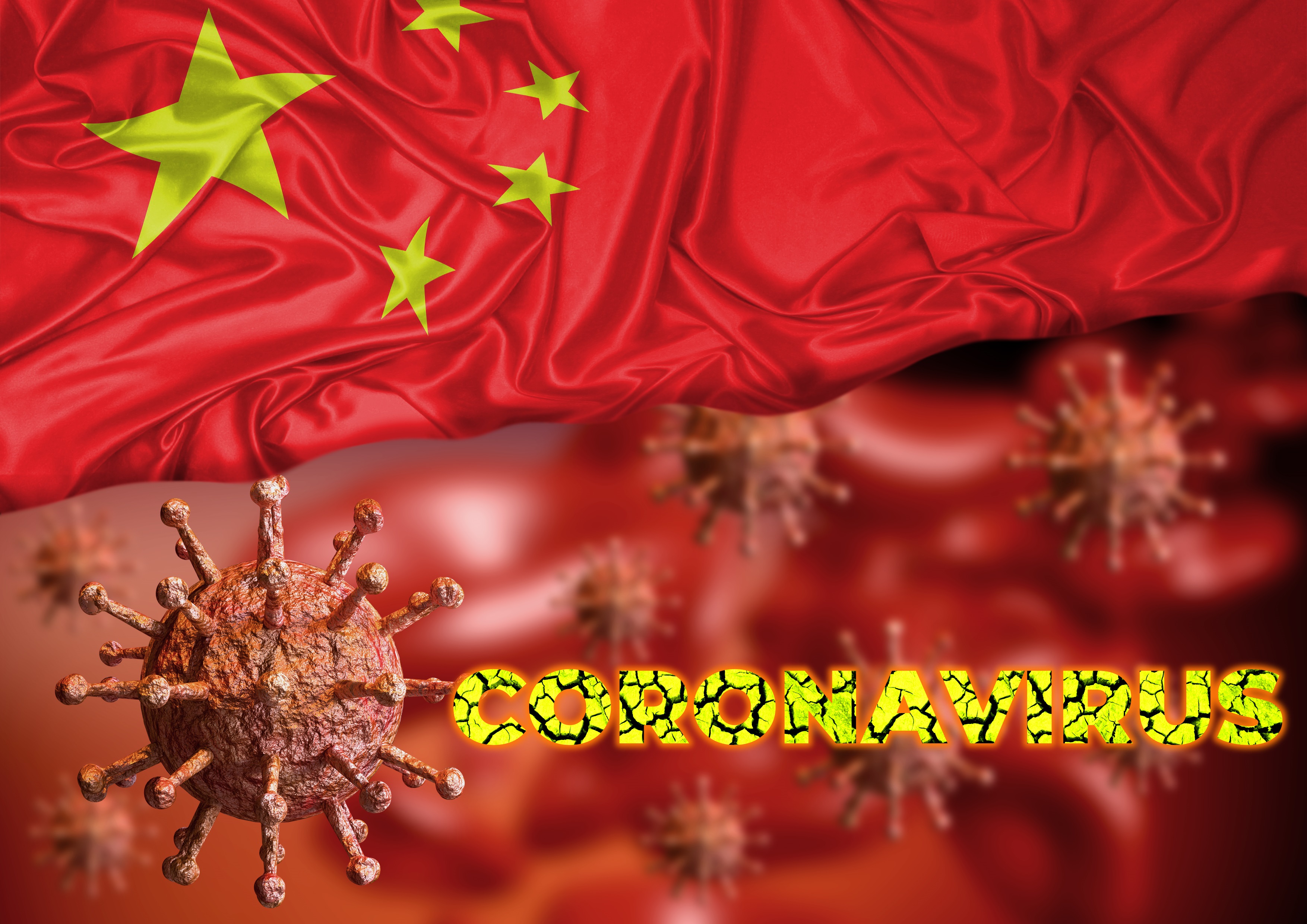 Coronavirus sign with Chinese flag in background.