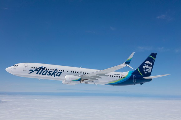 An Alaska Air jet in flight.