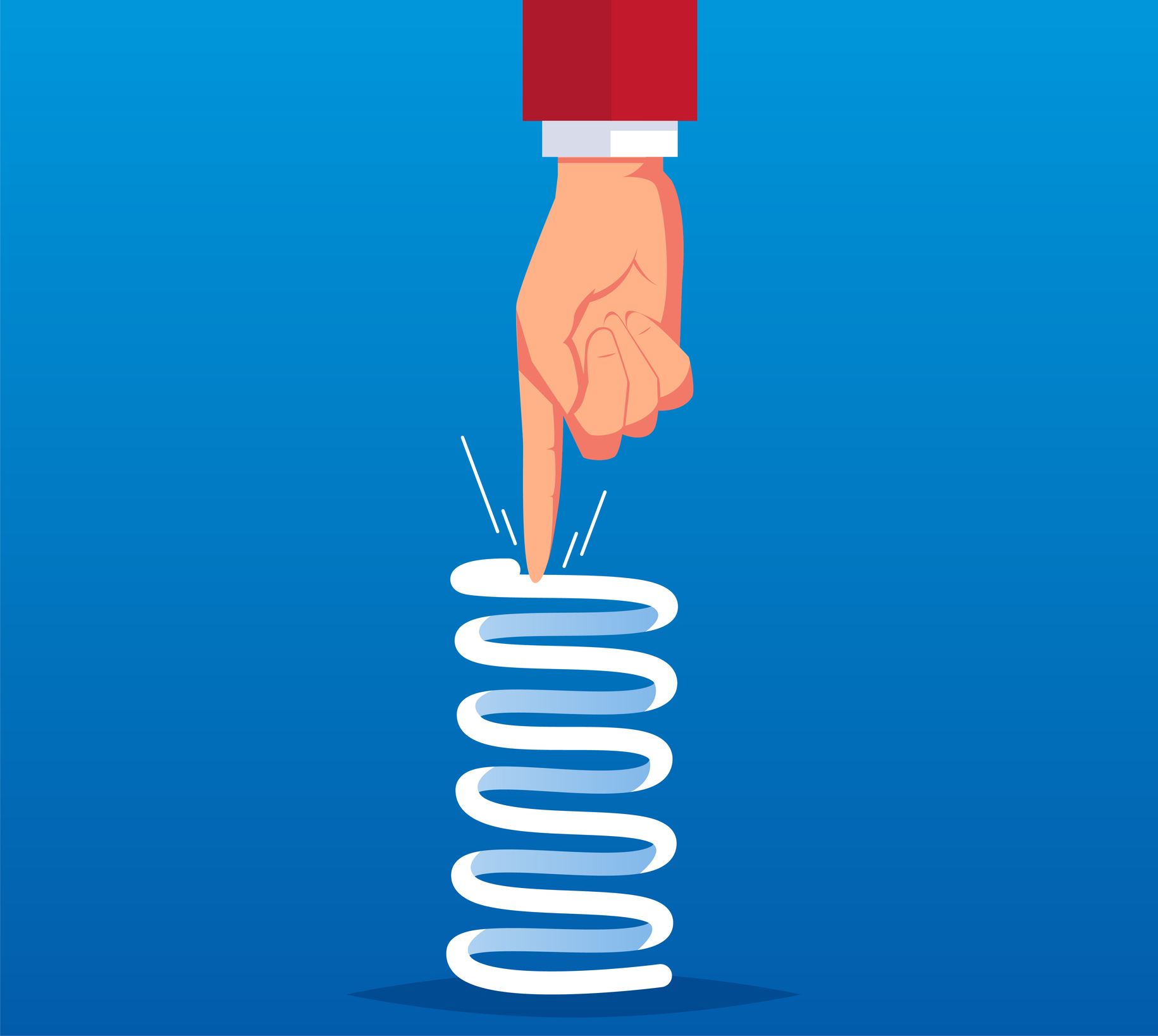 Cartoon-style drawing of a hand pushing down on a compressed spring coil.