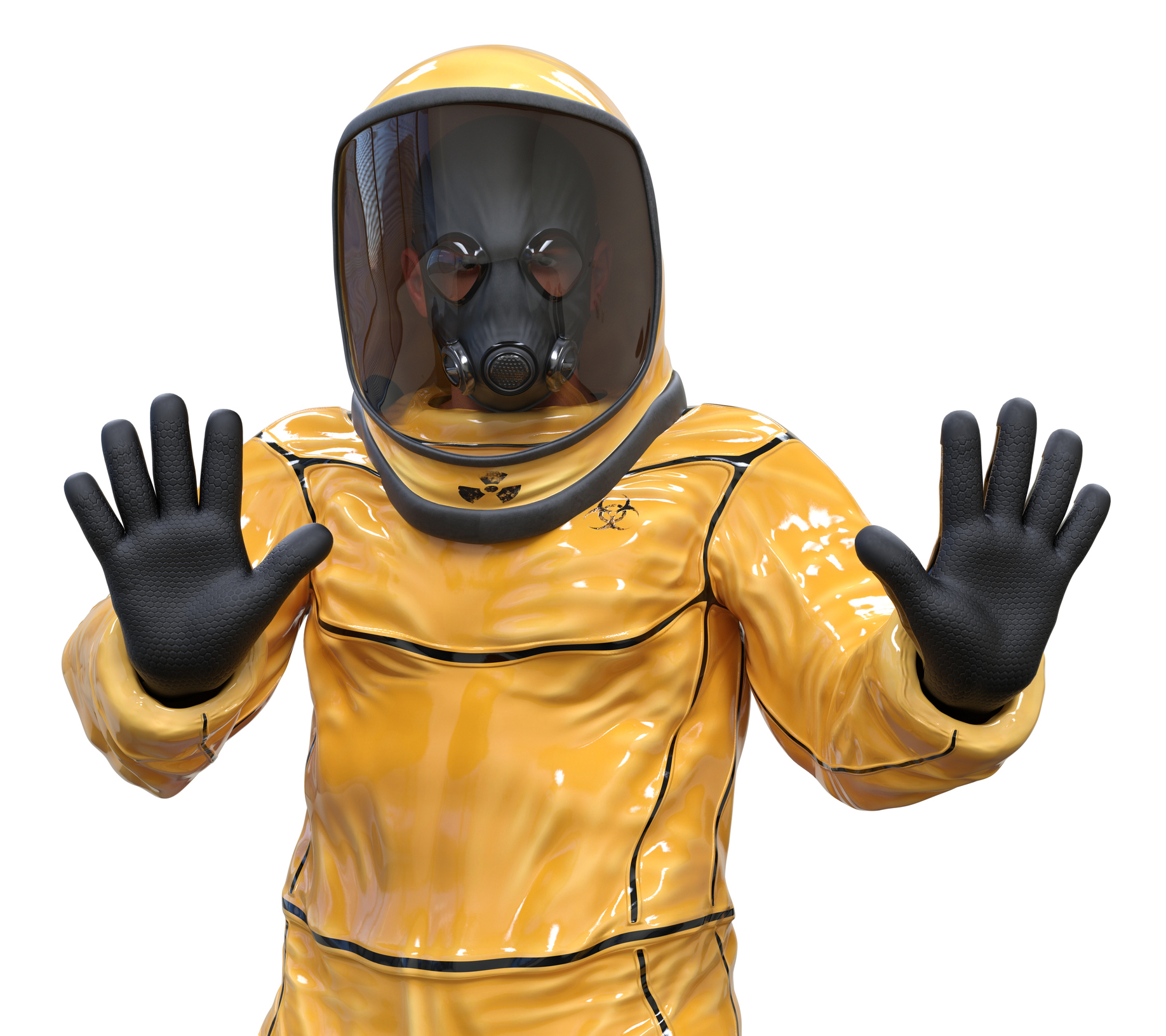 Man in yellow biohazard suit making a stop gesture with his hands