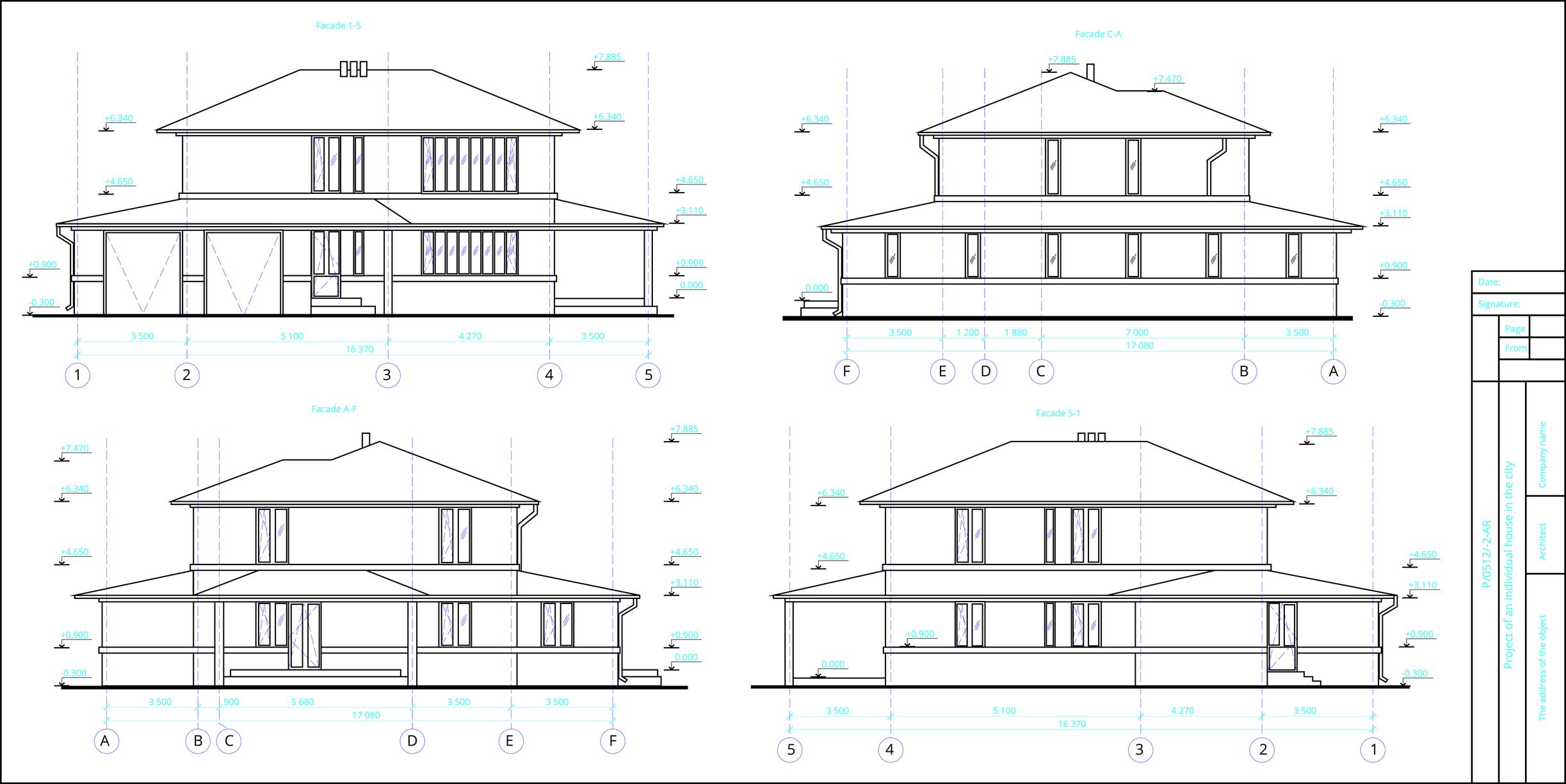 Schematic of a home shown from four different sides.