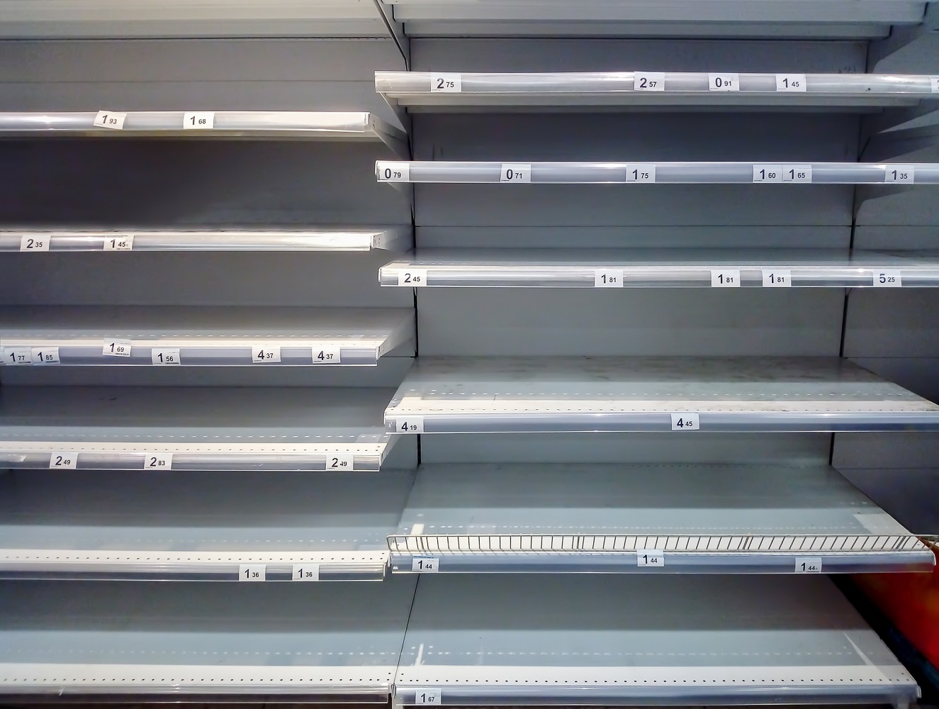 Empty supermarket shelves.