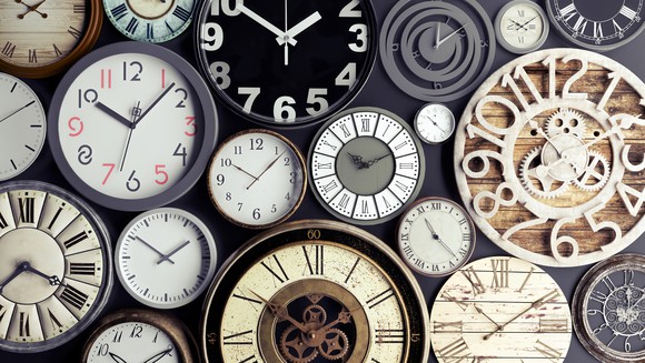 A collection of clocks.