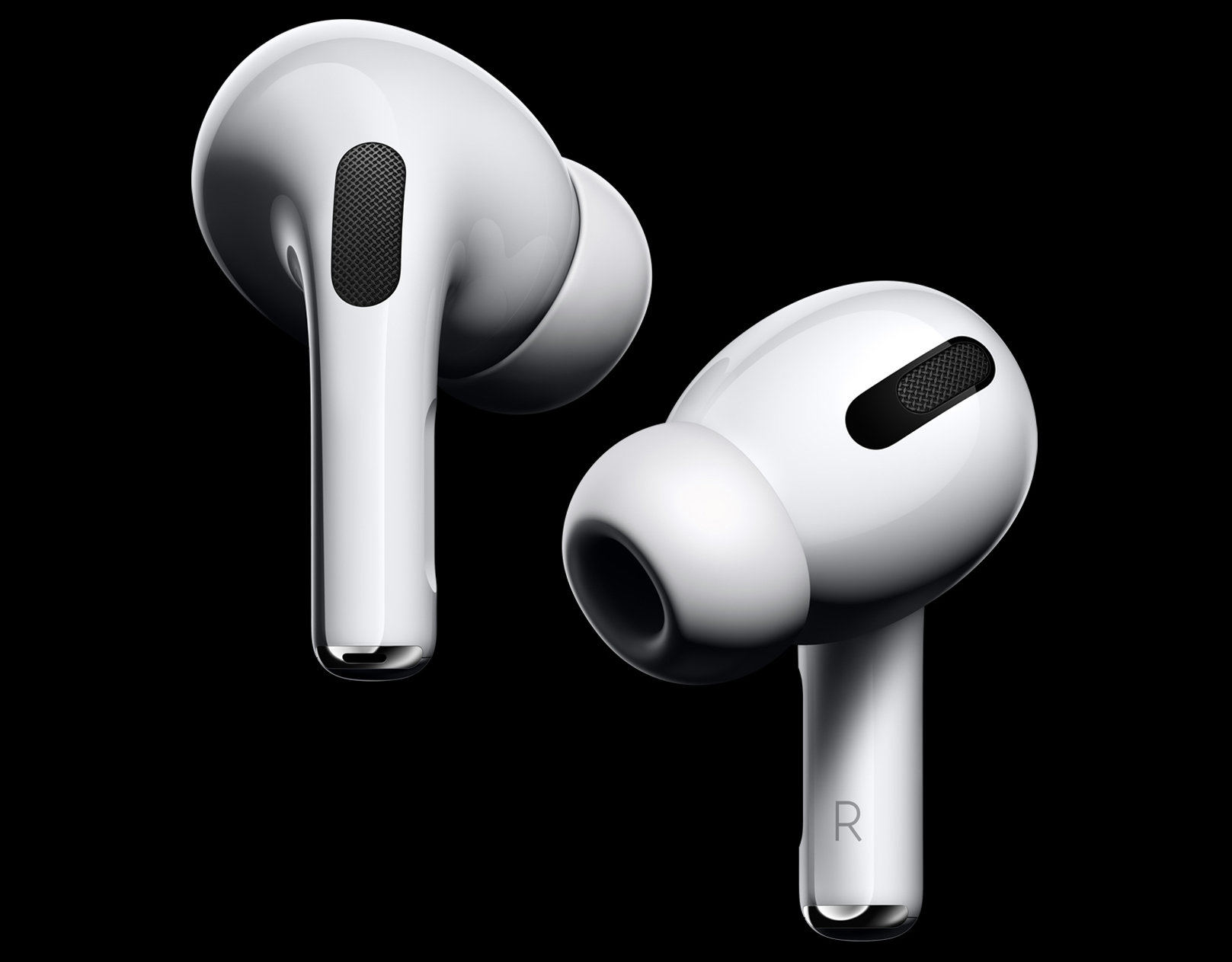 Image of Apple's AirPods Pro on a black background.