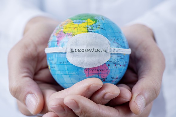 Globe with medical mask on it with the words coronavirus. 