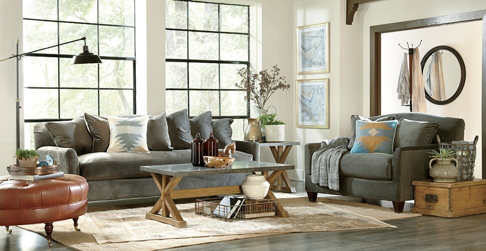 A living room staged with Wayfair furniture and products.