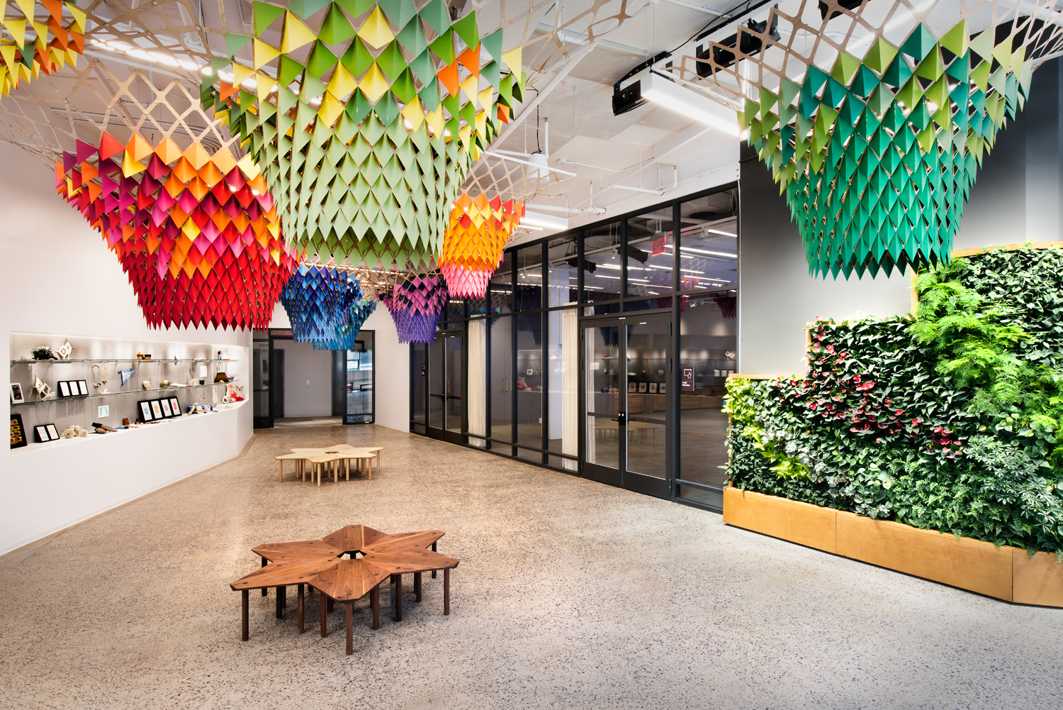 An open atrium with handmade ceiling hangers.