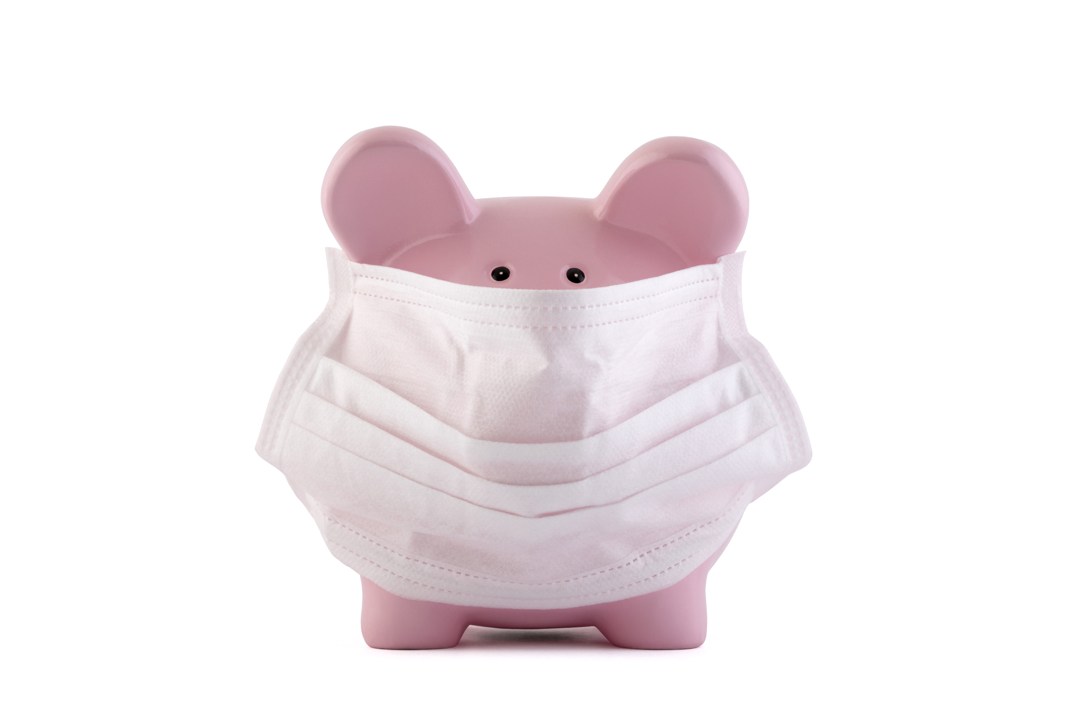 A piggy bank with a surgical mask on its face.