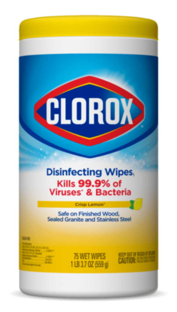 Container of Clorox Disinfecting Wipes with label, "Kills 99.9% of Viruses & Bacteria"
