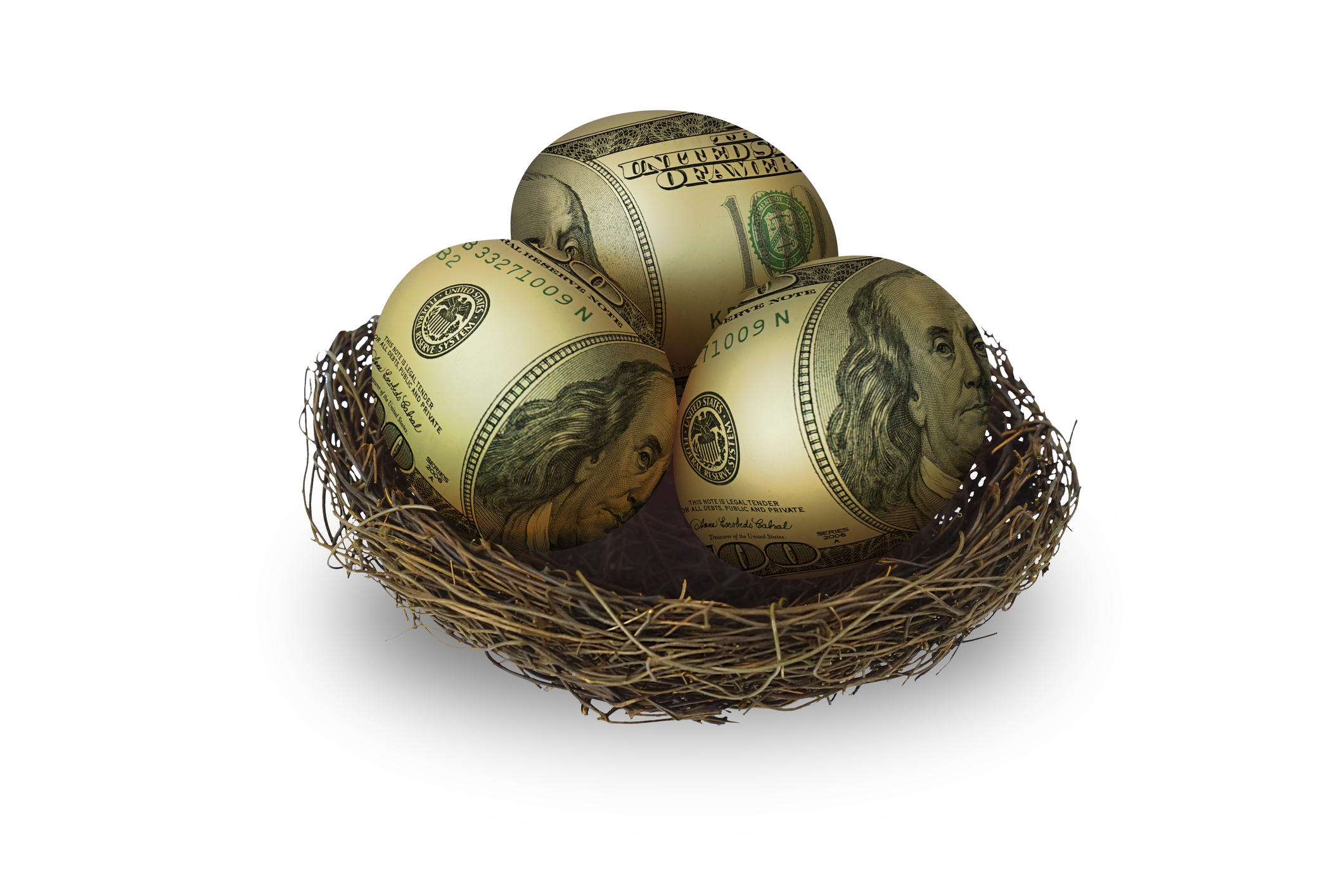 Nest with three eggs painted to look like hundred dollar bills