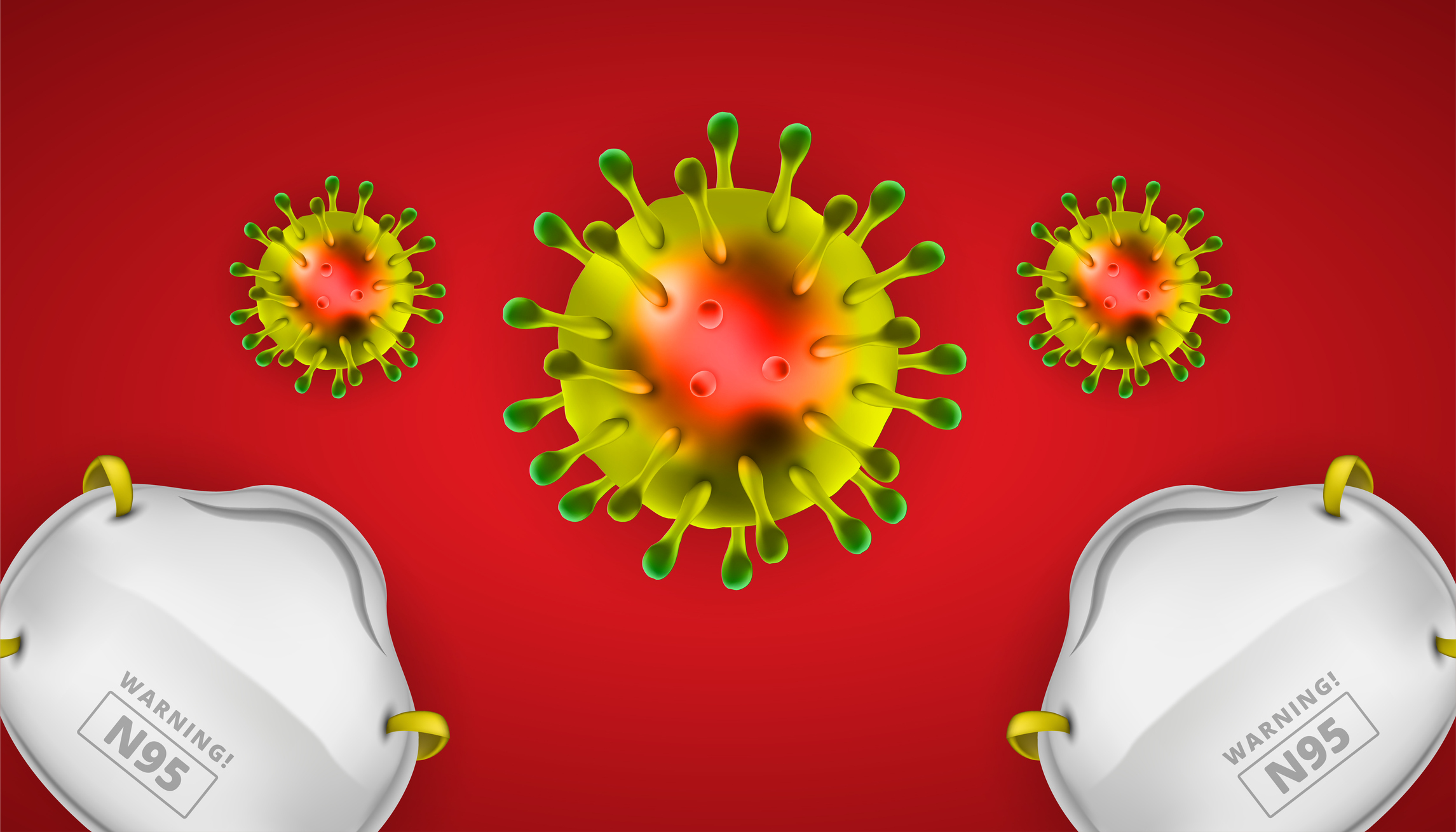 N95 masks and coronaviruses on a red background