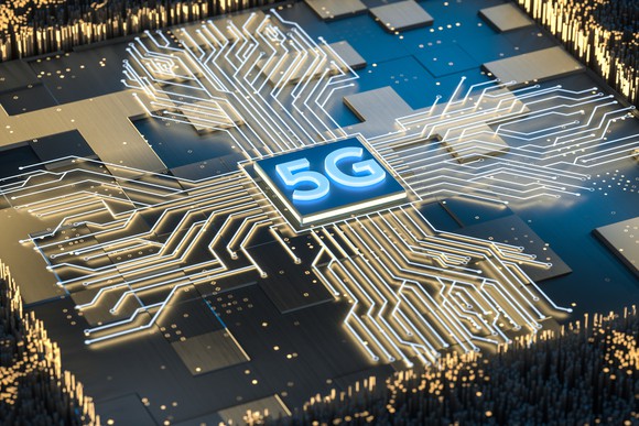 A 5G connectivity chip with surrounding circuitry. 