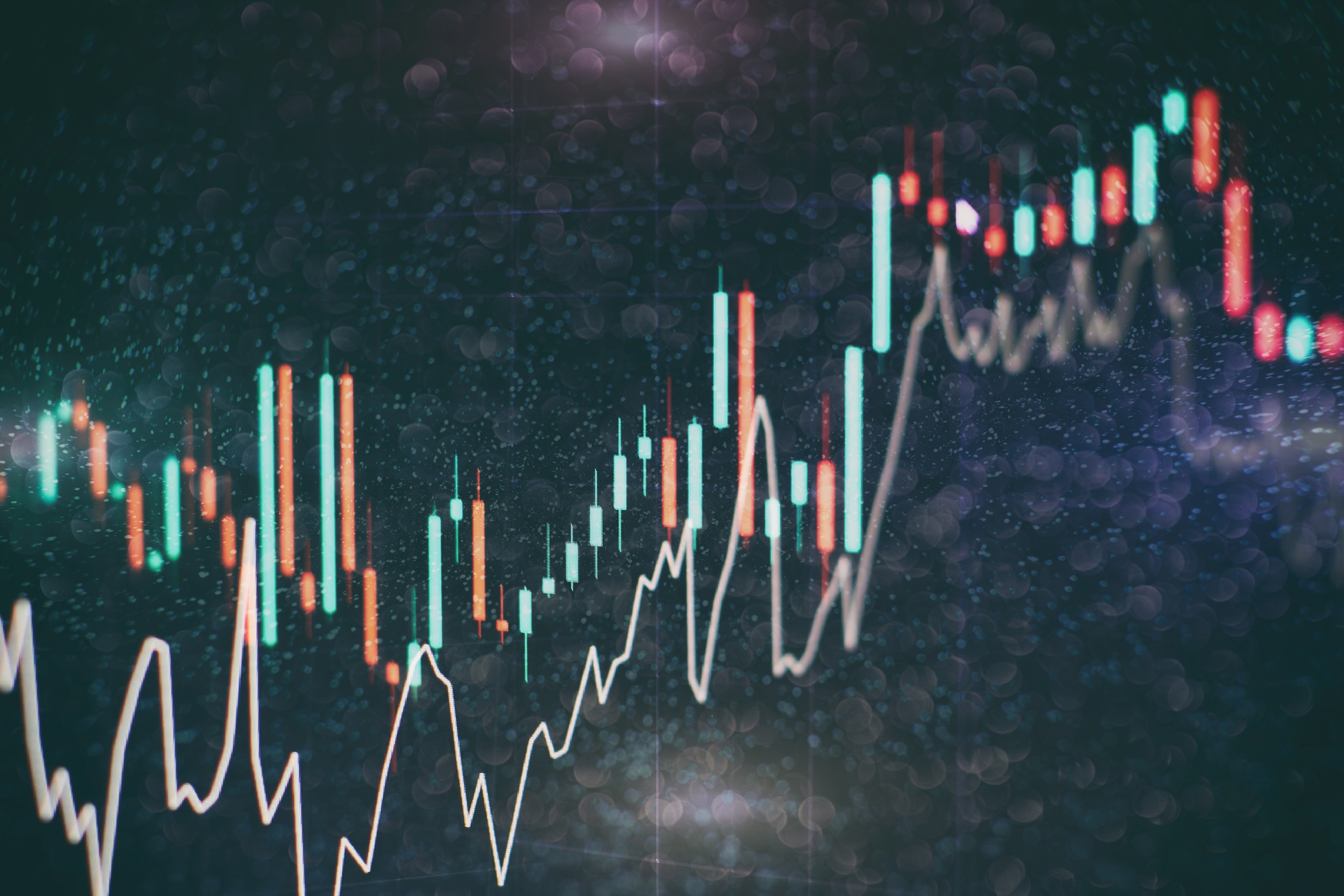 A rising chart, with colorful bars and lines on a black background