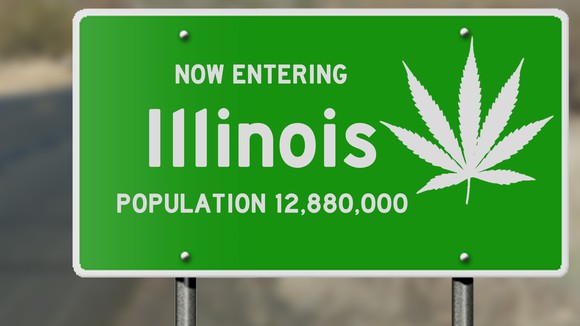 Illinois road sign with cannabis leaf.