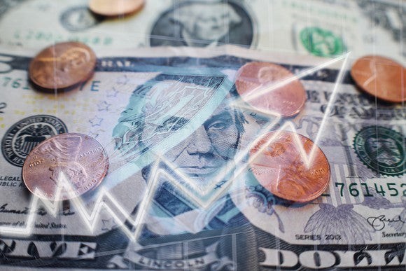 Five dollar bill with pennies on top of it and a line going across it, going up