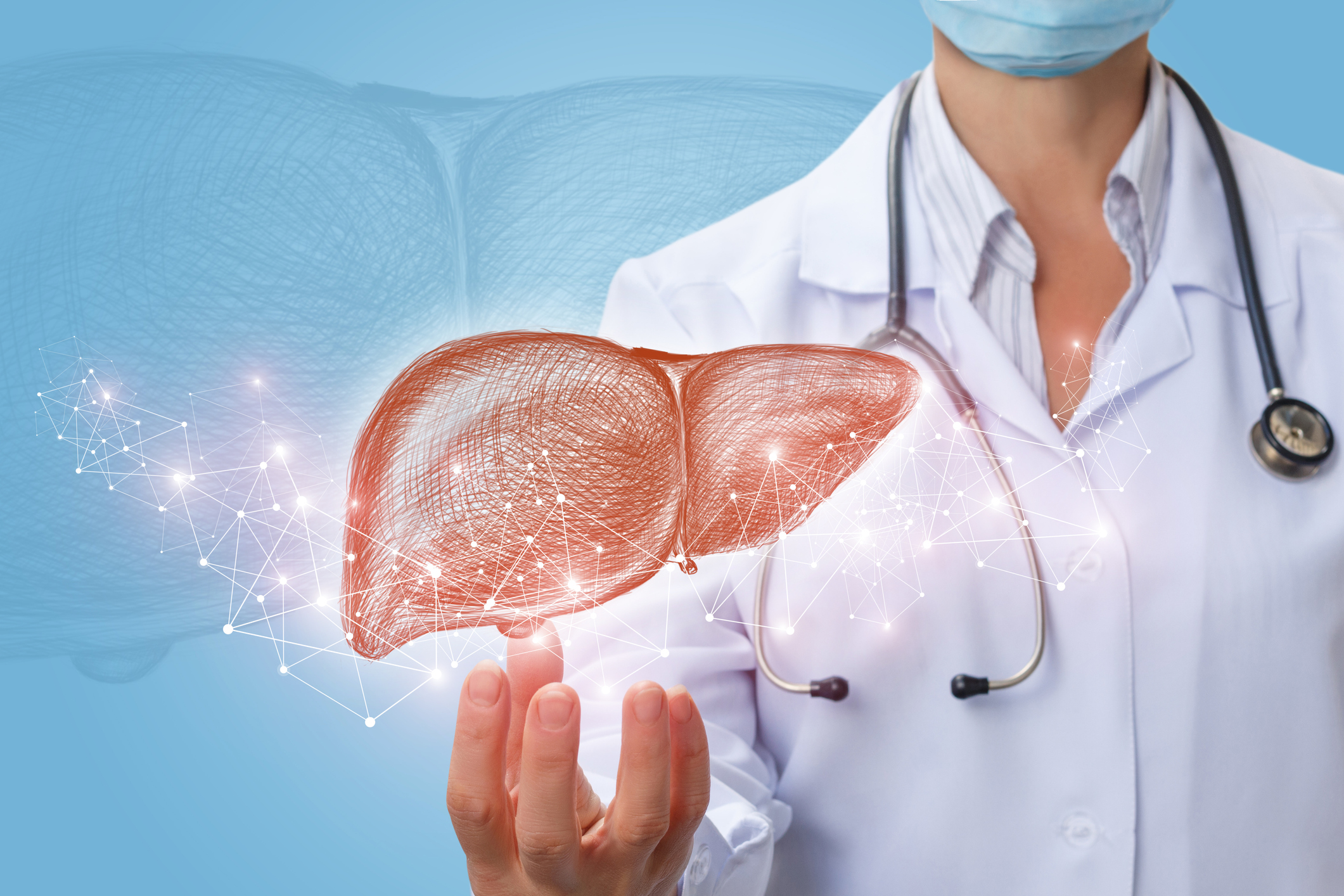 A doctor holding his hand out with a holographic image of a liver hovering above it.