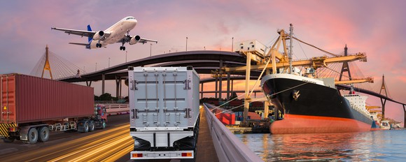 Infrastructure picture showing trucks, plane, roads, bridges, and ships.