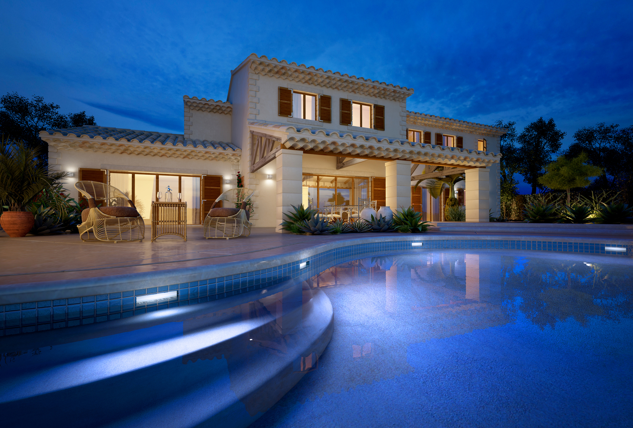 A villa with a swimming pool.
