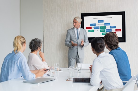 Man speaking at a business meeting.