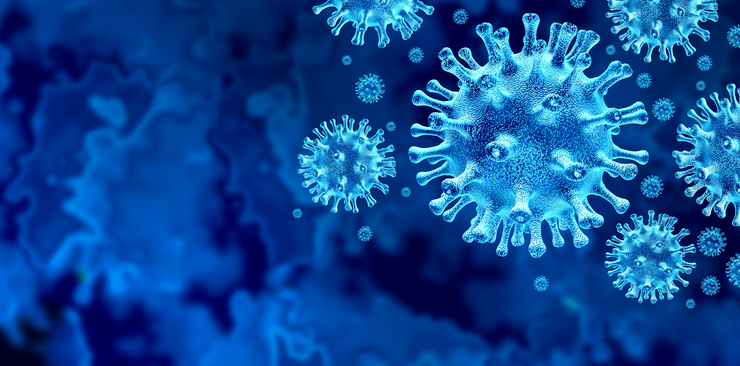 Blue coronavirus virions on a blue backround.