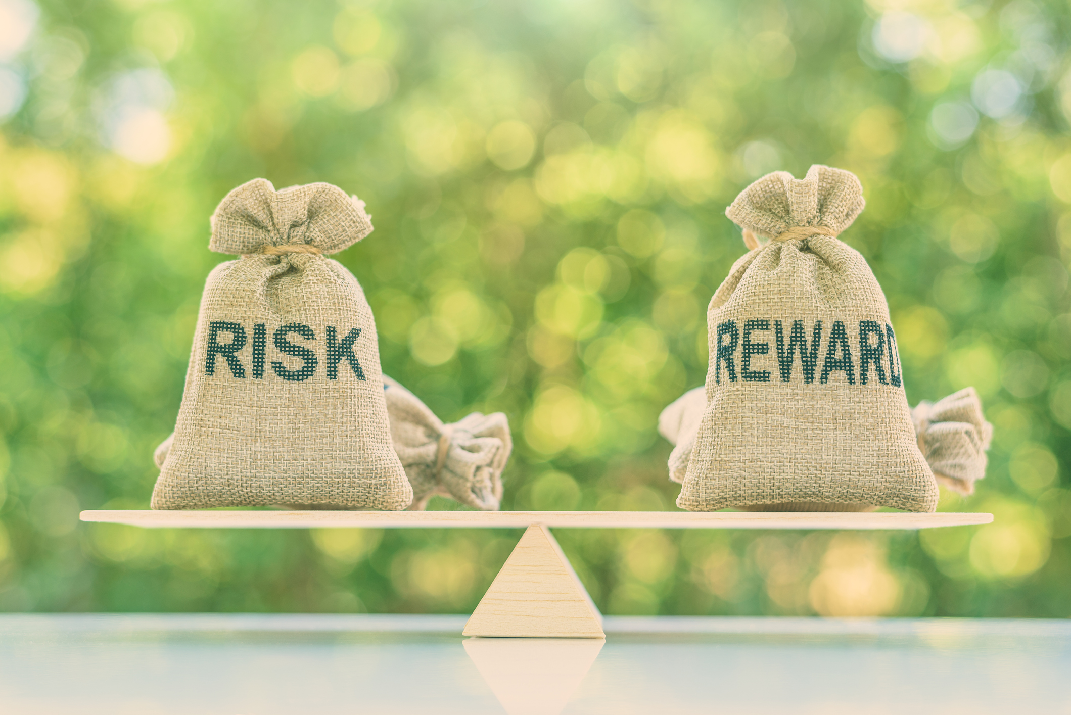 Two bags labeled "risk" and "reward" balanced evenly on a board
