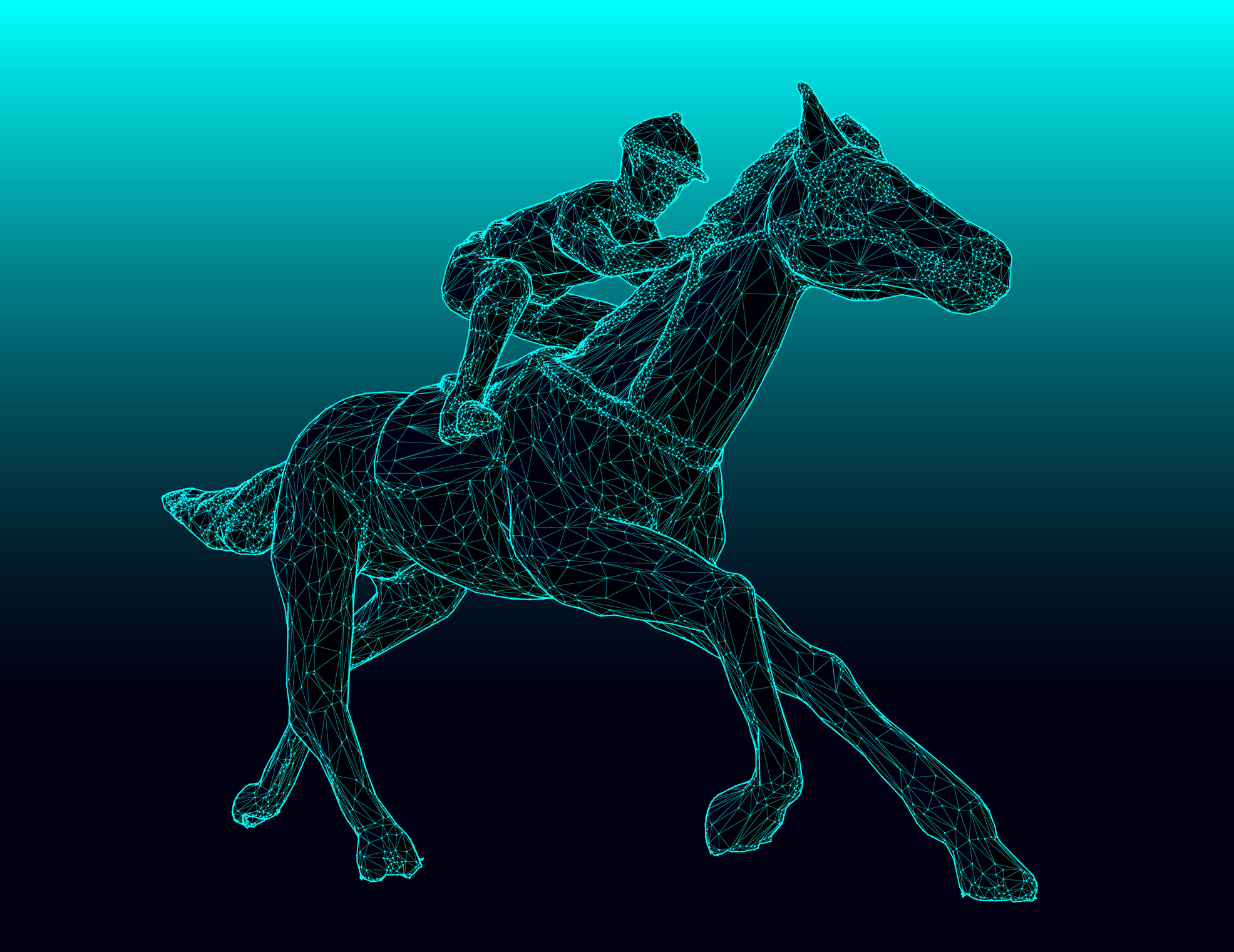 A wireframe digital drawing of a horse and jockey.